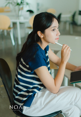 RYO Knitted Stripe V Neckline Sleeveless Blouse - Navy