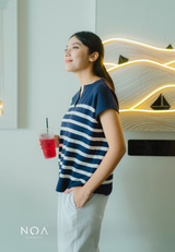 RYO Knitted Stripe V Neckline Sleeveless Blouse - Navy