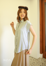 DAITAN Rayon Shortsleeve Shirt - White Stripe Green