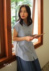 DAITAN Rayon Shortsleeve Shirt - White Stripe Blue