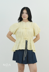 NATSUKA Linen Short Balloon Sleeve Blouse