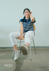 RYO Knitted Stripe V Neckline Sleeveless Blouse - Navy