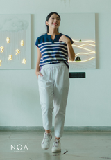 RYO Knitted Stripe V Neckline Sleeveless Blouse - Navy