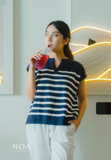 RYO Knitted Stripe V Neckline Sleeveless Blouse - Navy