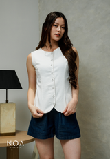 JINZU Denim & Cotton Button Sleeveless Blouse