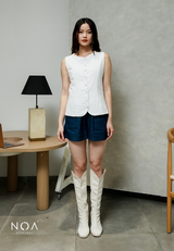 JINZU Denim & Cotton Button Sleeveless Blouse
