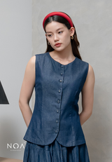 JINZU Denim & Cotton Button Sleeveless Blouse
