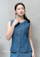 JINZU Denim & Cotton Button Sleeveless Blouse