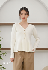 MIREI Knitted Button Peplum Long Sleeve Cardigan