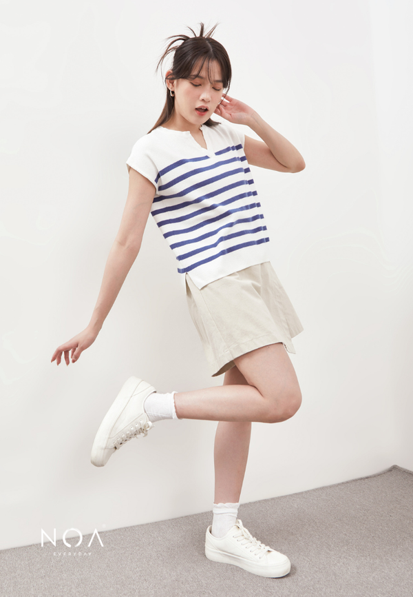 RYO Knitted Stripe V Neckline Sleeveless Blouse - Denim