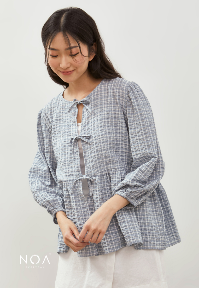 KIOSHI Bow Tie Puff Sleeve Blouse - Blue