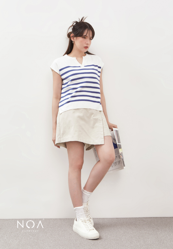 RYO Knitted Stripe V Neckline Sleeveless Blouse - Light Blue