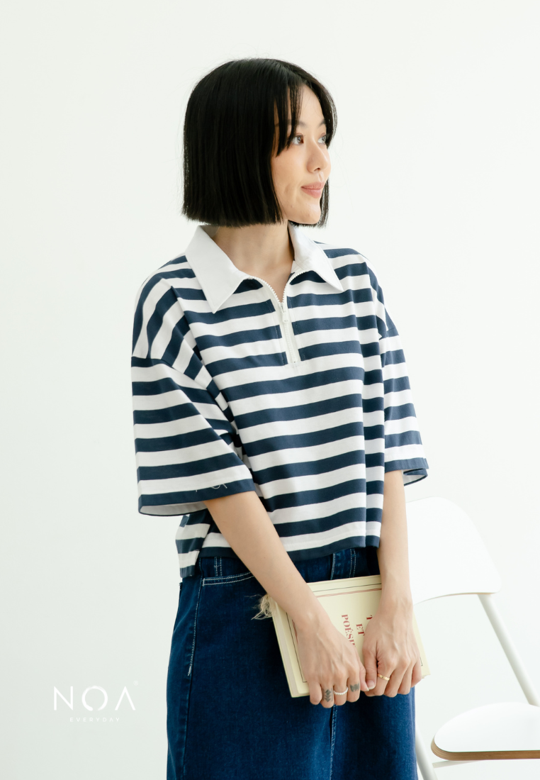 KIMIYO Striped Zipper Collar T-Shirt