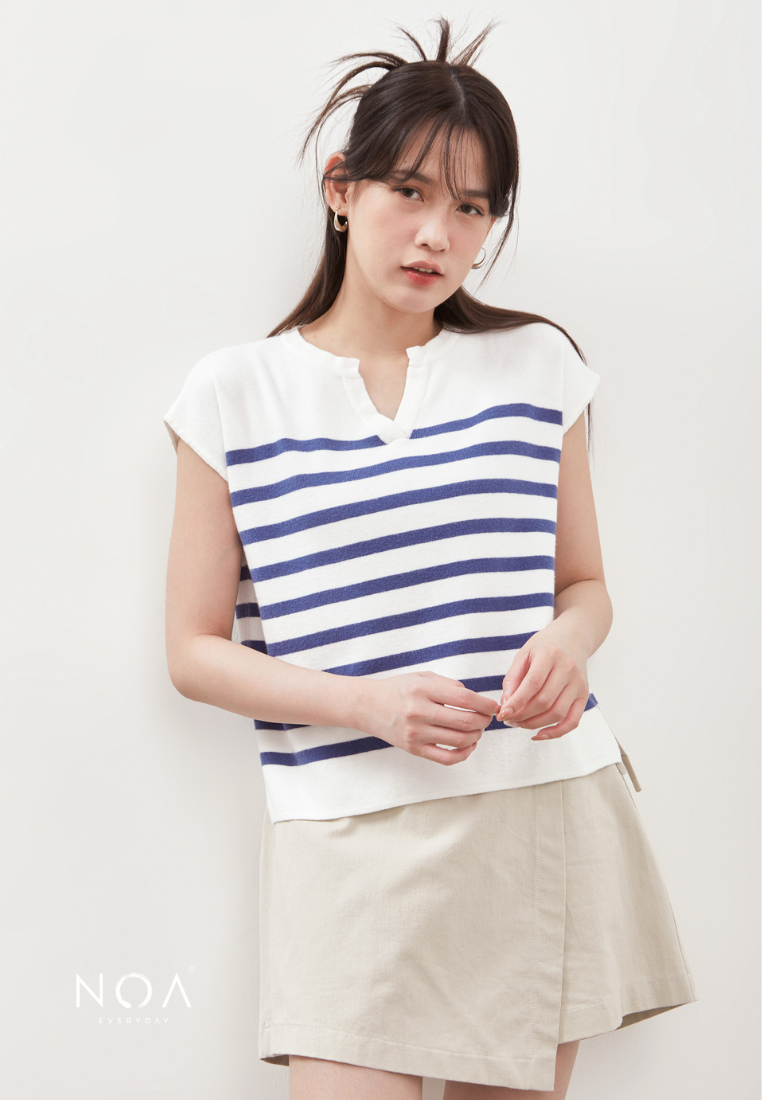 RYO Knitted Stripe V Neckline Sleeveless Blouse - Light Blue