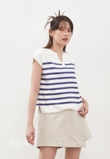 RYO Knitted Stripe V Neckline Sleeveless Blouse - Denim