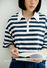 KIMIYO Striped Zipper Collar T-Shirt