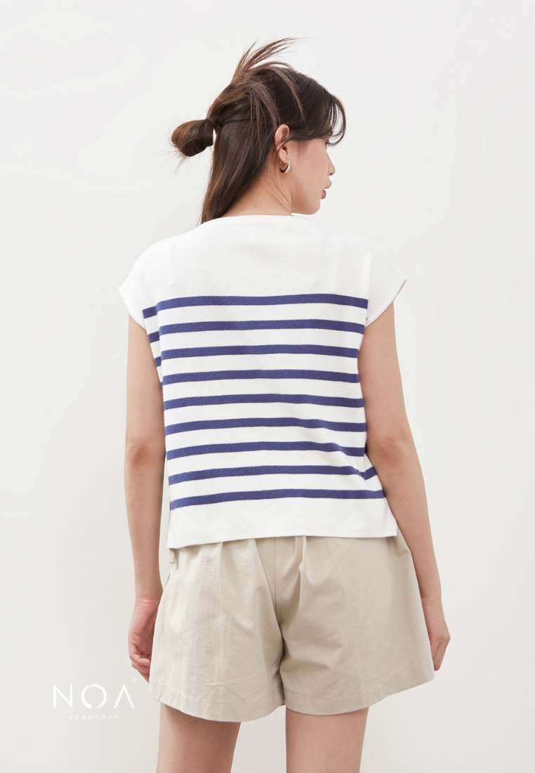 RYO Knitted Stripe V Neckline Sleeveless Blouse - Denim