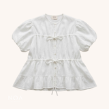 NATSUKA Linen Short Balloon Sleeve Blouse