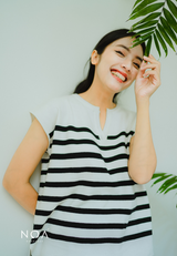RYO Knitted Stripe V Neckline Sleeveless Blouse - White