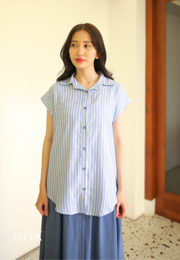 DAITAN Rayon Shortsleeve Shirt - White Stripe Blue