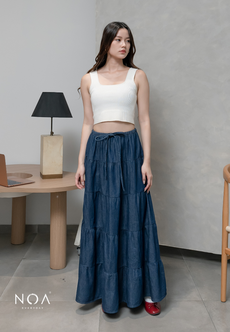 JINZU Denim & Cotton Tiered Maxi Skirt