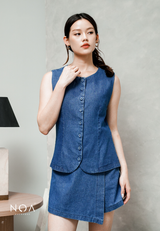 JINZU Denim & Cotton Button Sleeveless Blouse