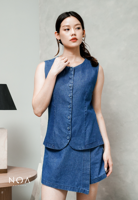 JINZU Denim & Cotton Button Sleeveless Blouse