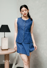 JINZU Denim & Cotton Button Sleeveless Blouse