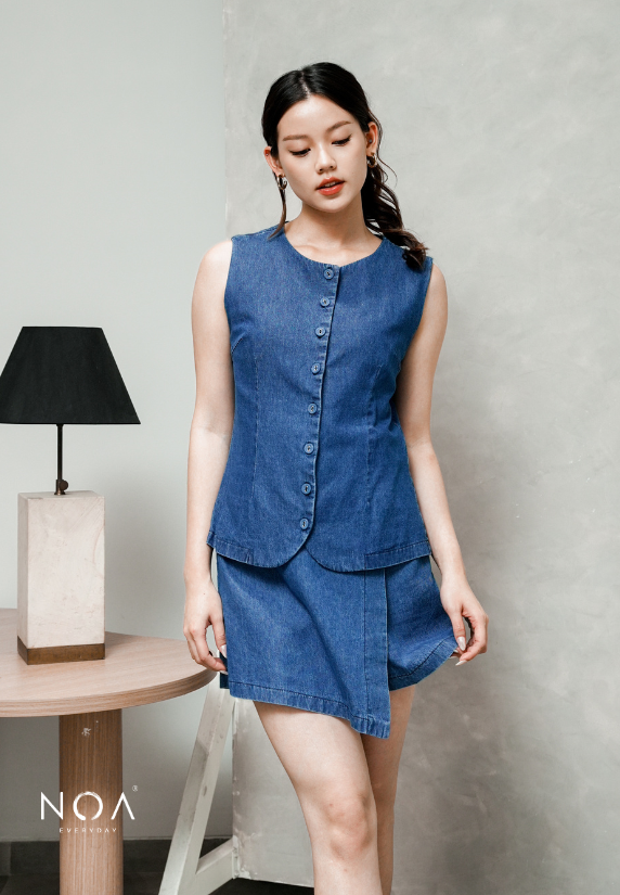 JINZU Denim & Cotton Button Sleeveless Blouse