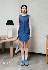 JINZU Denim & Cotton Button Sleeveless Blouse