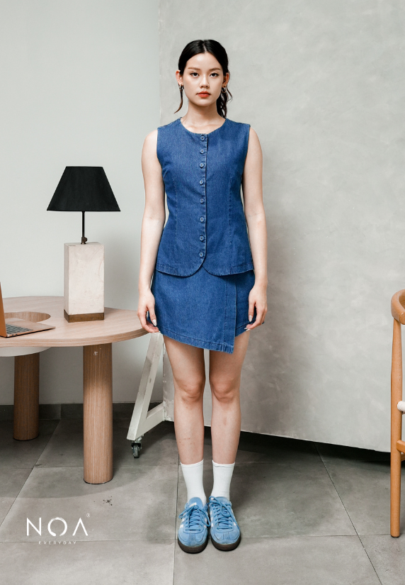 JINZU Denim & Cotton Button Sleeveless Blouse