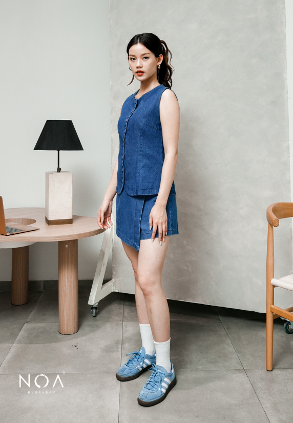 JINZU Denim & Cotton Button Sleeveless Blouse