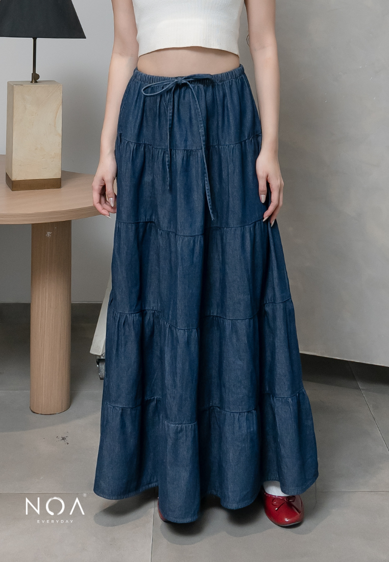 JINZU Denim & Cotton Tiered Maxi Skirt