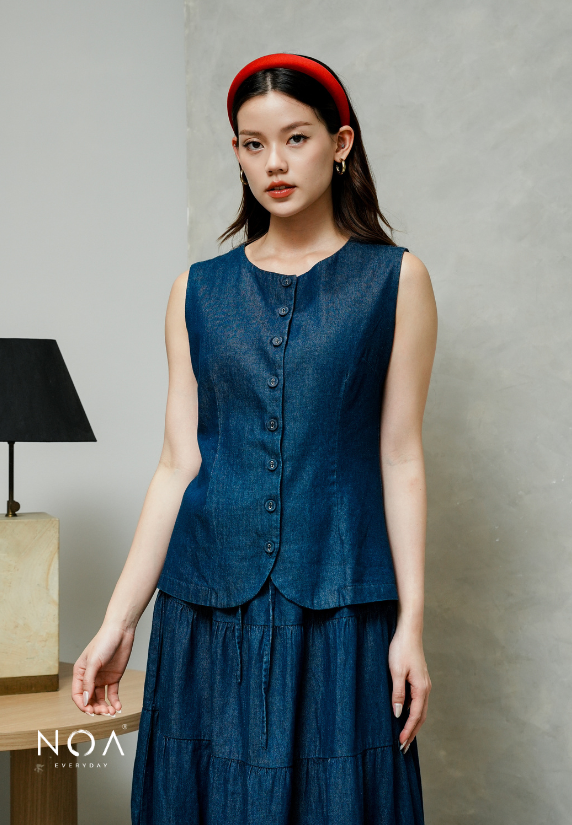 JINZU Denim & Cotton Button Sleeveless Blouse