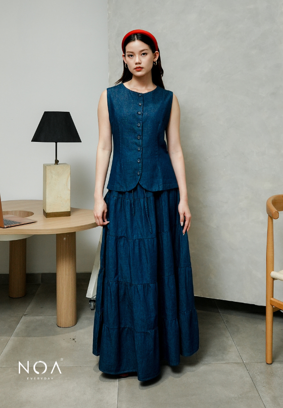 JINZU Denim & Cotton Button Sleeveless Blouse