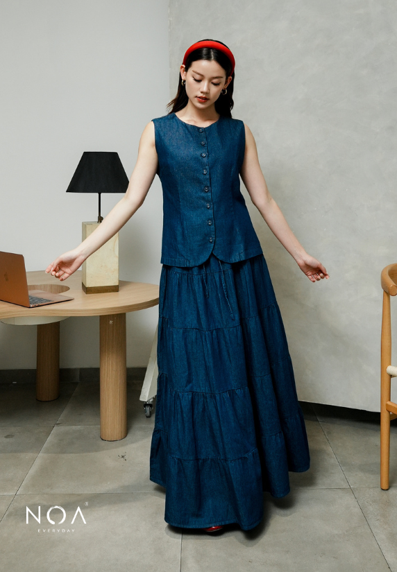JINZU Denim & Cotton Button Sleeveless Blouse