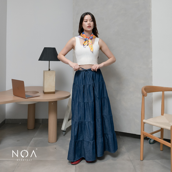 JINZU Denim & Cotton Tiered Maxi Skirt