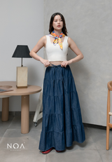JINZU Denim & Cotton Tiered Maxi Skirt