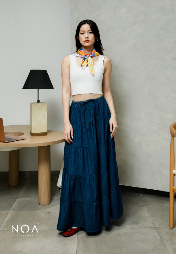 JINZU Denim & Cotton Tiered Maxi Skirt