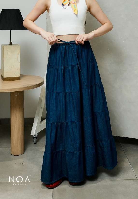 JINZU Denim & Cotton Tiered Maxi Skirt