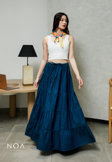 JINZU Denim & Cotton Tiered Maxi Skirt