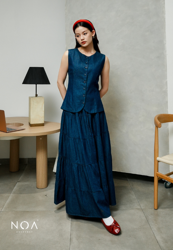 JINZU Denim & Cotton Tiered Maxi Skirt