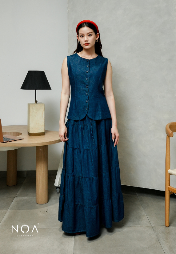 JINZU Denim & Cotton Tiered Maxi Skirt