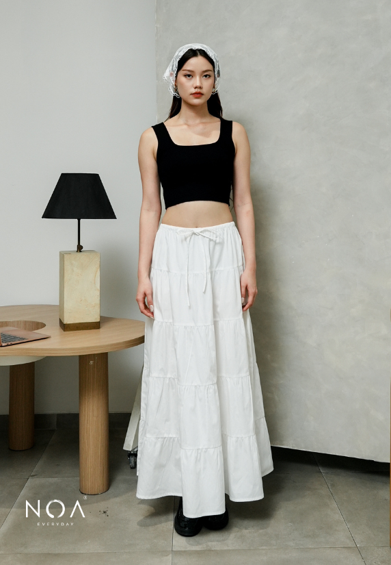 JINZU Denim & Cotton Tiered Maxi Skirt