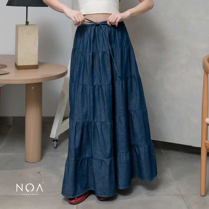 JINZU Denim & Cotton Tiered Maxi Skirt