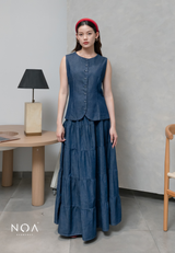 JINZU Denim & Cotton Tiered Maxi Skirt