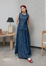 JINZU Denim & Cotton Button Sleeveless Blouse