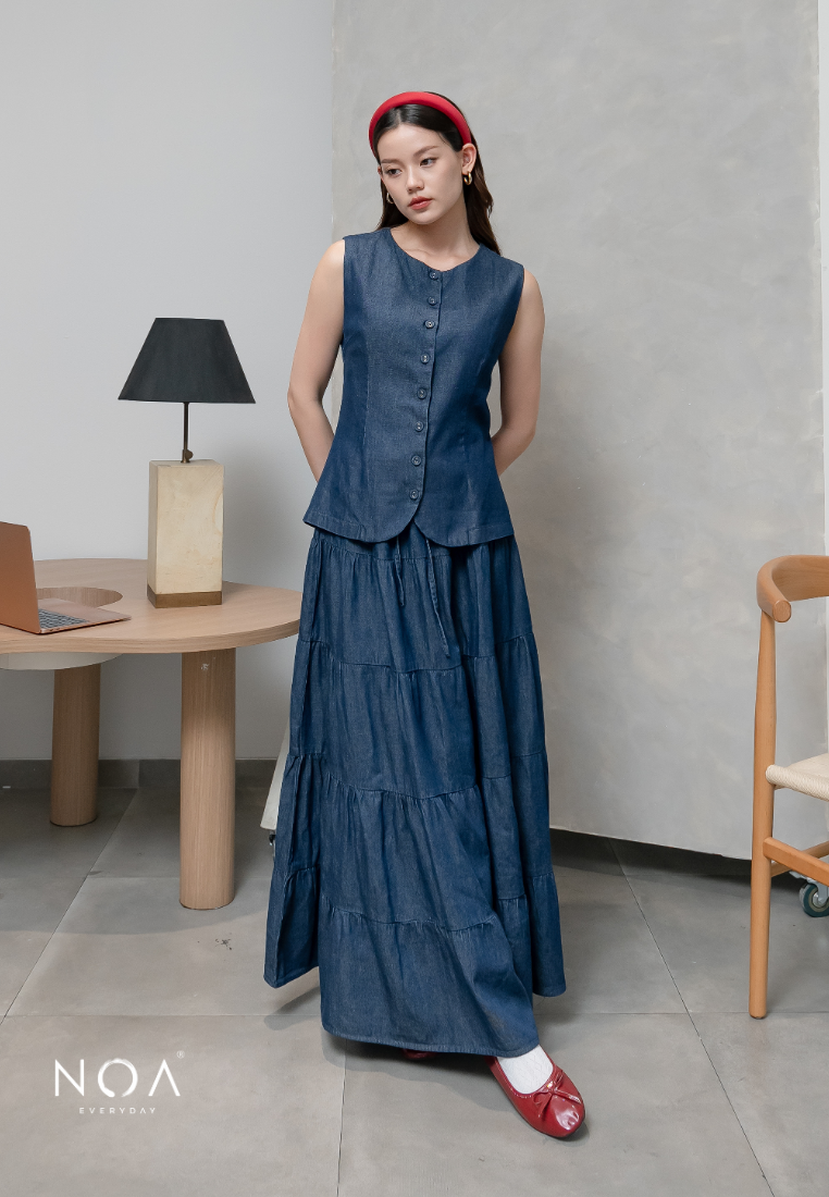 JINZU Denim & Cotton Button Sleeveless Blouse