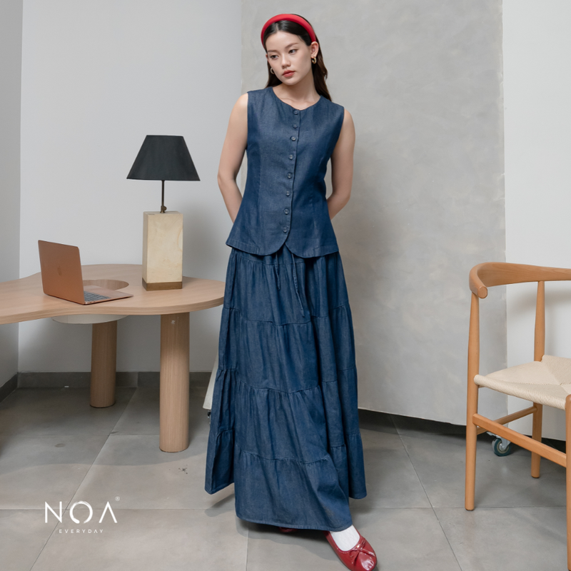 JINZU Denim & Cotton Button Sleeveless Blouse