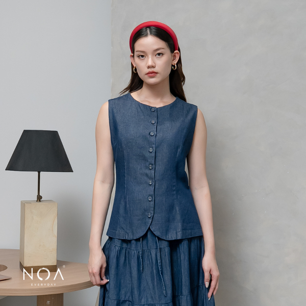 JINZU Denim & Cotton Button Sleeveless Blouse